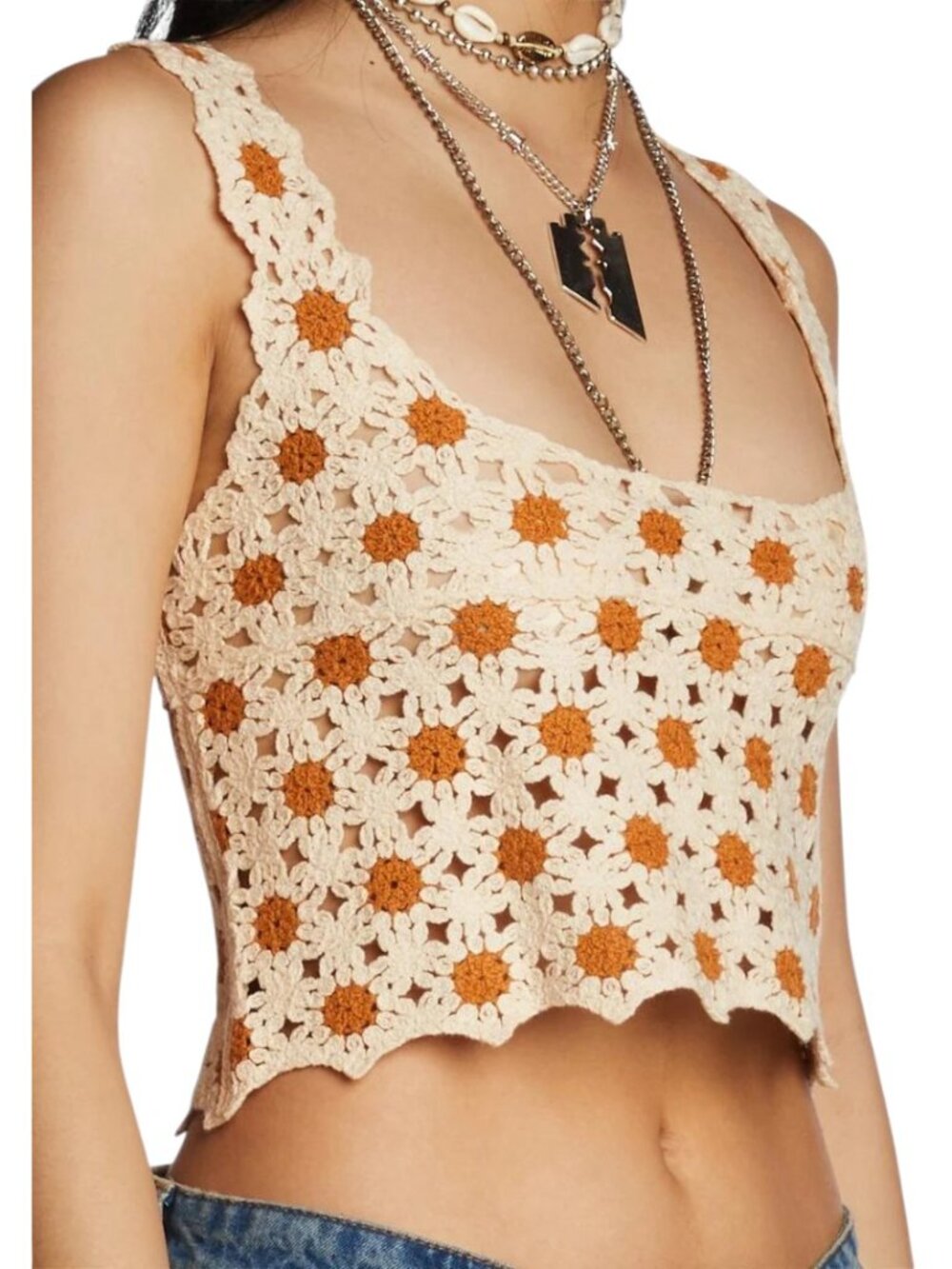 The Post Women's M/L Crochet Granny Square Crop Tank Beige Brown Boho Festival